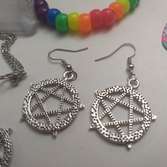 PENTAGRAM JEWELRY SET - Earrings + Necklace // New Fashion Hippie Pagan Boho - Picture 2 of 2